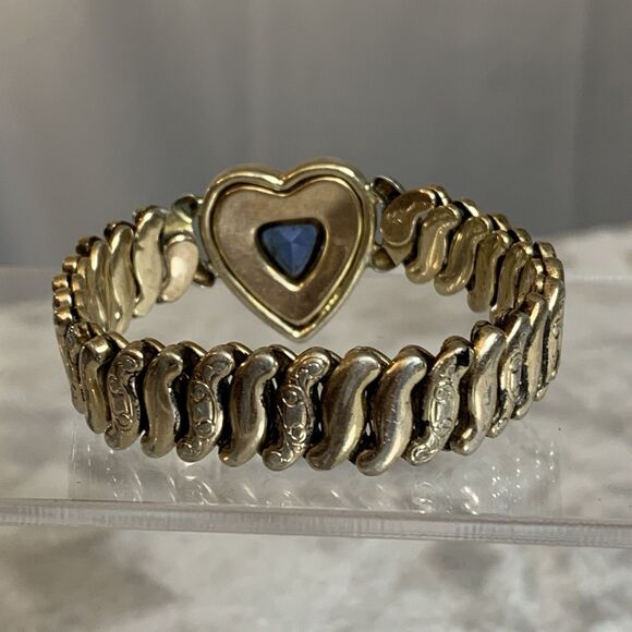 Vintage Co-Star Sweetheart Expansion Bracelet Gold Tone Blue Glass Heart 1940s - Picture 5 of 15
